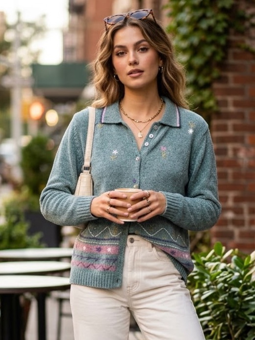 Alfred Dunner Teal V-Neck Embroidered Sweater with Pink & White Trim, medium